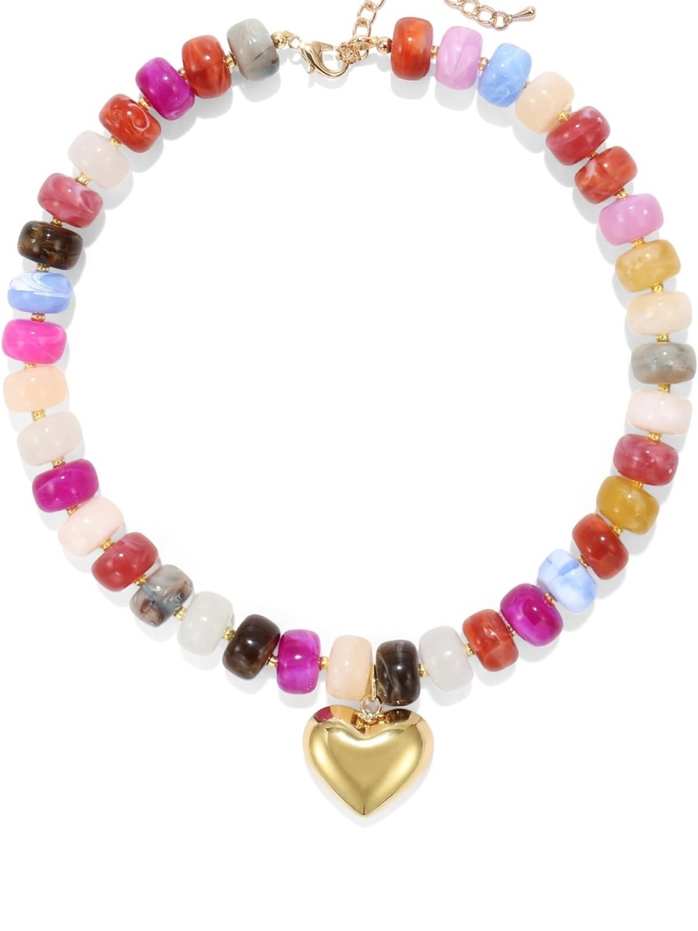 New! Multicolor Beaded Marbled Necklace with Gold Heart Pendant